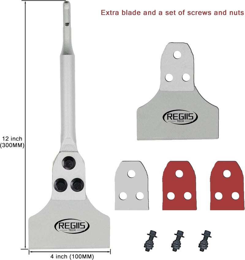 Regiis Tech SDS Plus Floor Scraper 4 in. x 12 in. Wide Tile Flooring Adhesives Remover, Thinset Removal Tool Chisel Bit with Spare Blades for Rotary Hammer Drill - Image 2